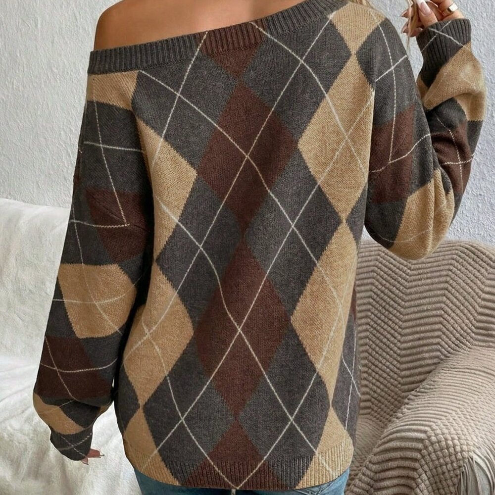 Multicolor Casual Women's Off-Shoulder Argyle Sweater - Picture 2 of 5